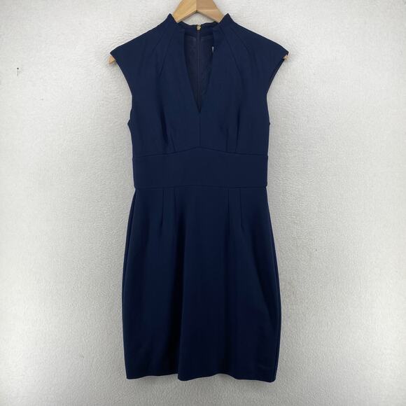 TRINA TURK Dress 4 Sheath Ponte Cap Sleeve Pleated Back Zip Career Stretch Blue - Picture 1 of 15